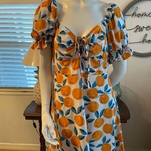 Orange Print Puff Sleeve Dress